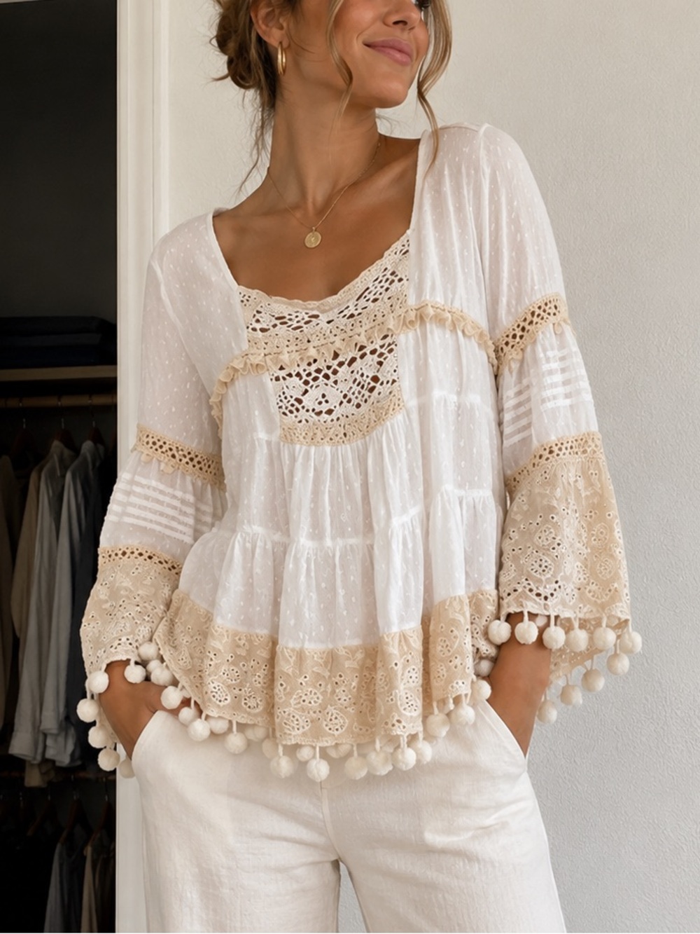 White & Beige Crochet Pom-Pom Boho Tunic Top from Mexico